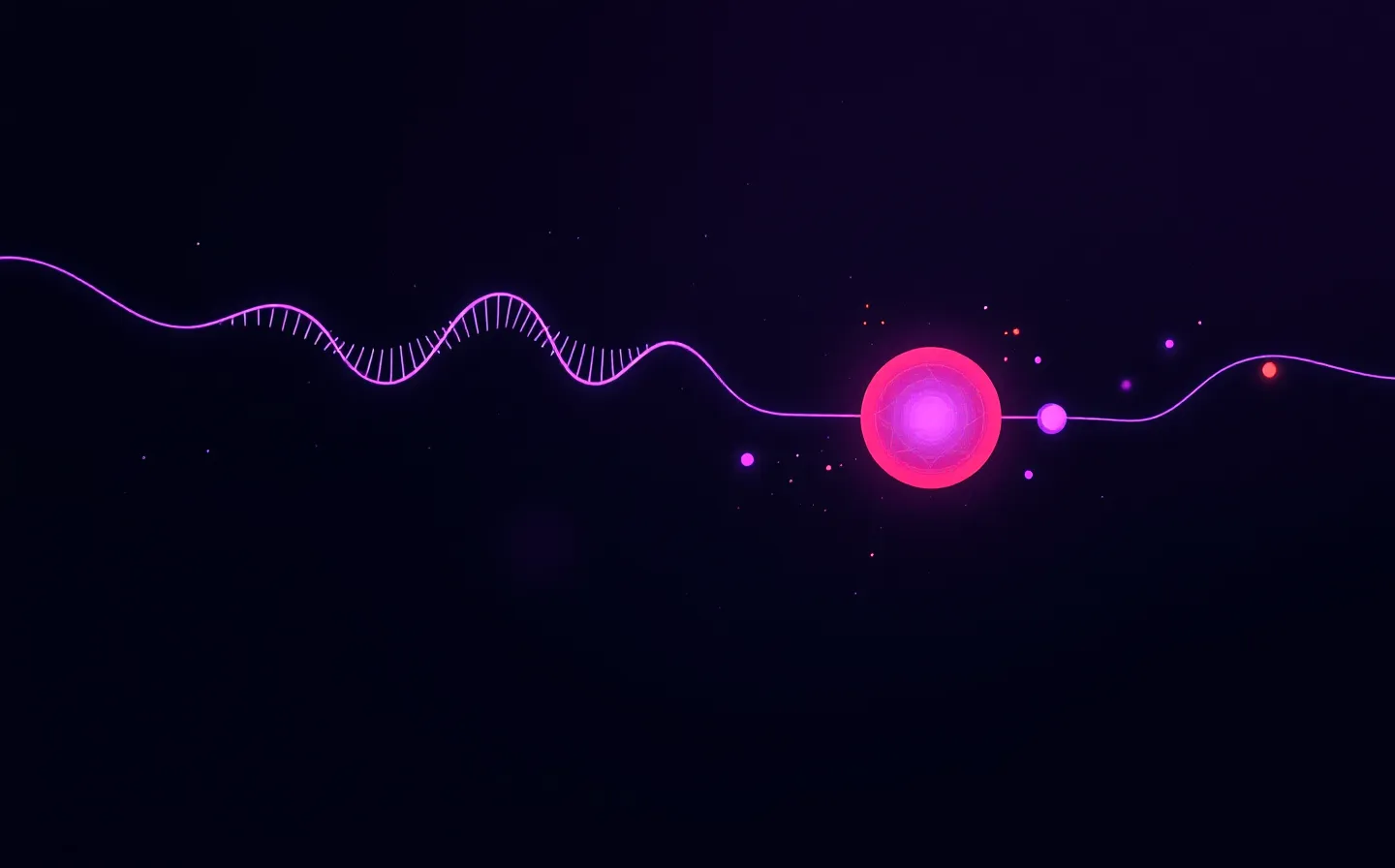 Dark data-platform schematic of two peptide constituent channels — violet and orange — converging on a single shared repair-signal node, on a deep purple-black ground